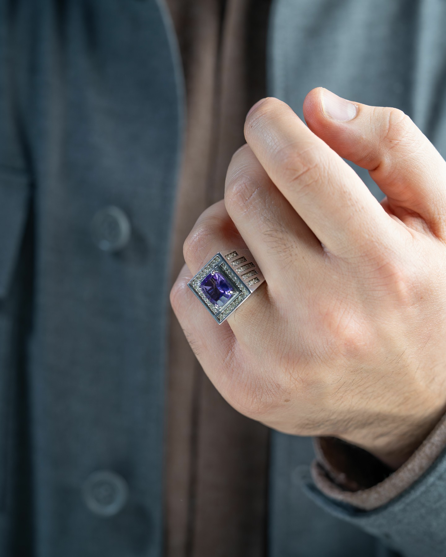 خاتم رجالي بحجر جمشت مع ترصيع الماس - تشكيلة الرجال, خواتم رجالية, جمشت