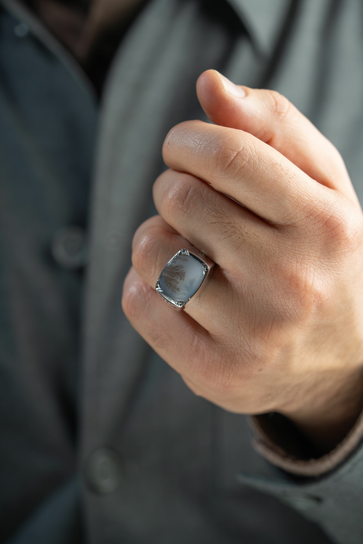 خاتم رجالي فضة بحجر عقيق شجري خراساني - تشكيلة الرجال, خواتم رجالية, عقيق يماني