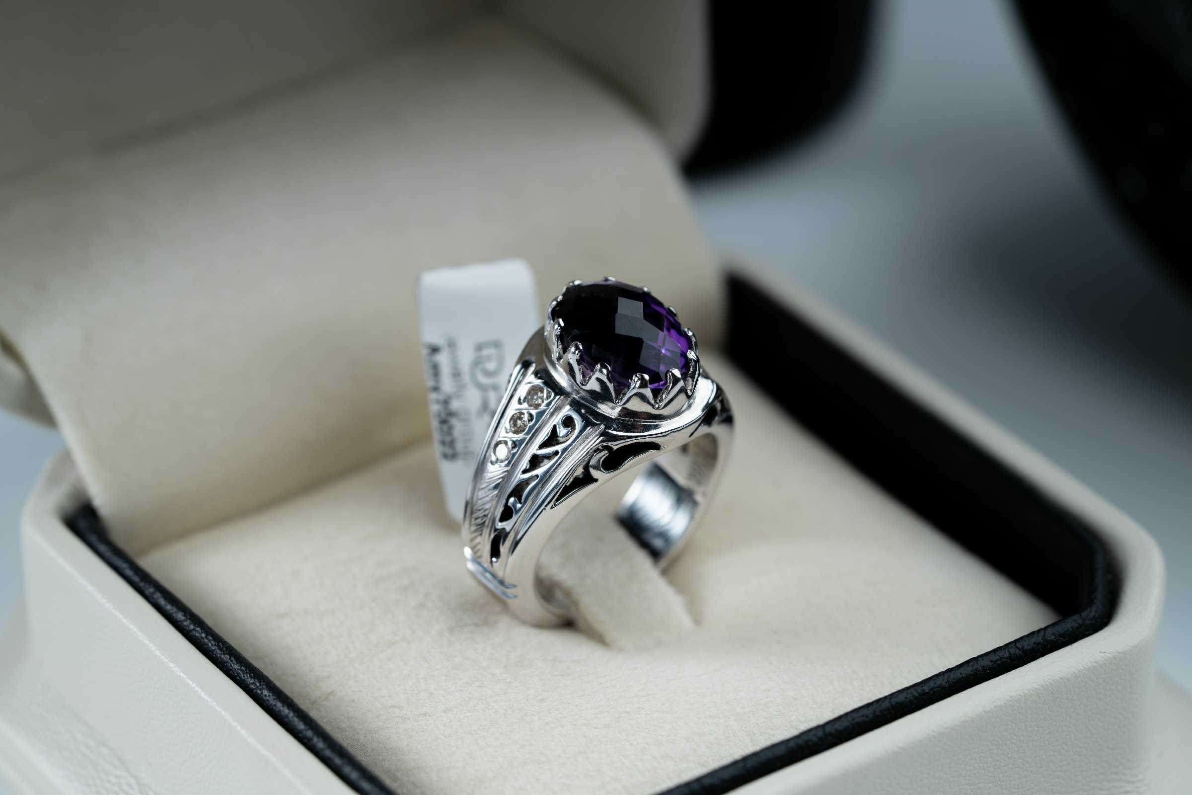 خاتم فضة نقش يدوي بالكامل مع ترصيع الماس وحجر الجمشت - تشكيلة الرجال, خواتم رجالية, جمشت