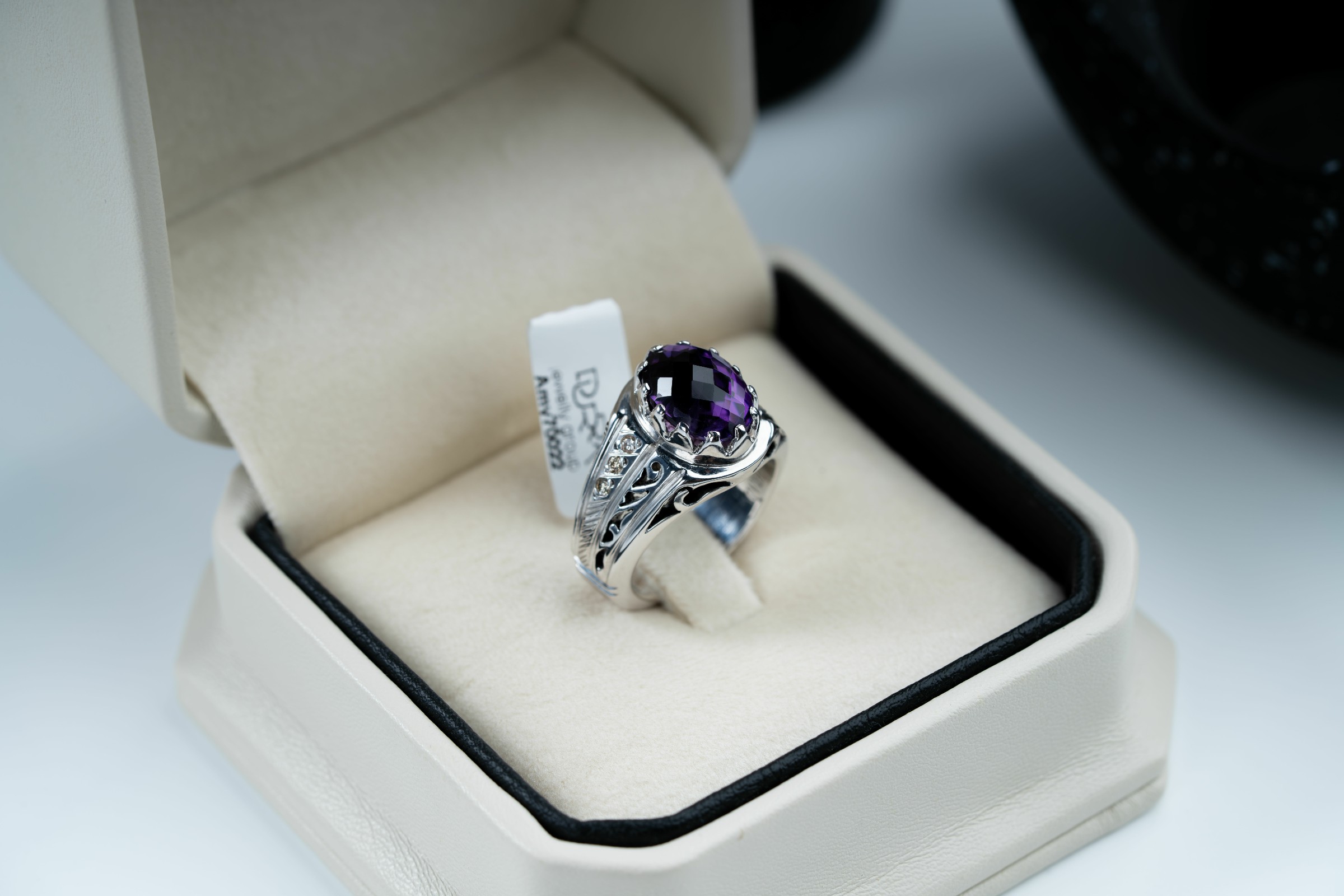 خاتم فضة نقش يدوي بالكامل مع ترصيع الماس وحجر الجمشت - تشكيلة الرجال, خواتم رجالية, جمشت