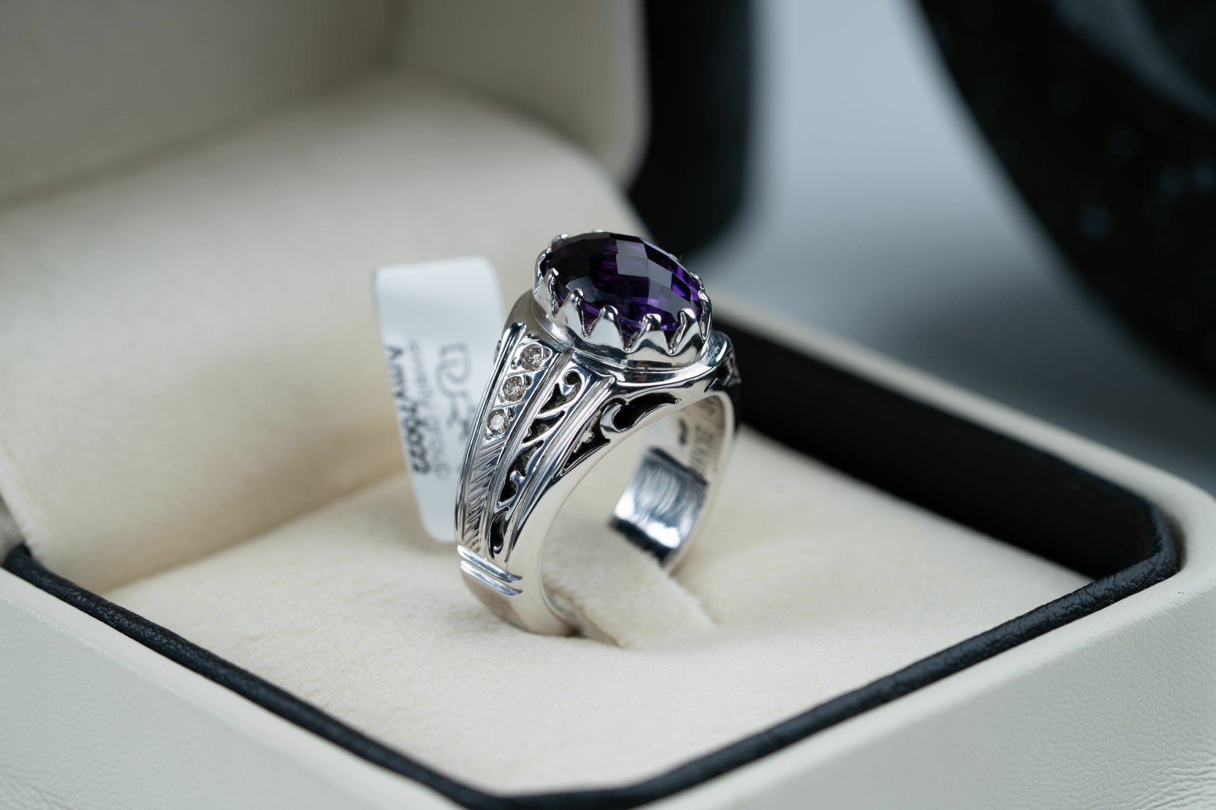 خاتم فضة نقش يدوي بالكامل مع ترصيع الماس وحجر الجمشت - تشكيلة الرجال, خواتم رجالية, جمشت