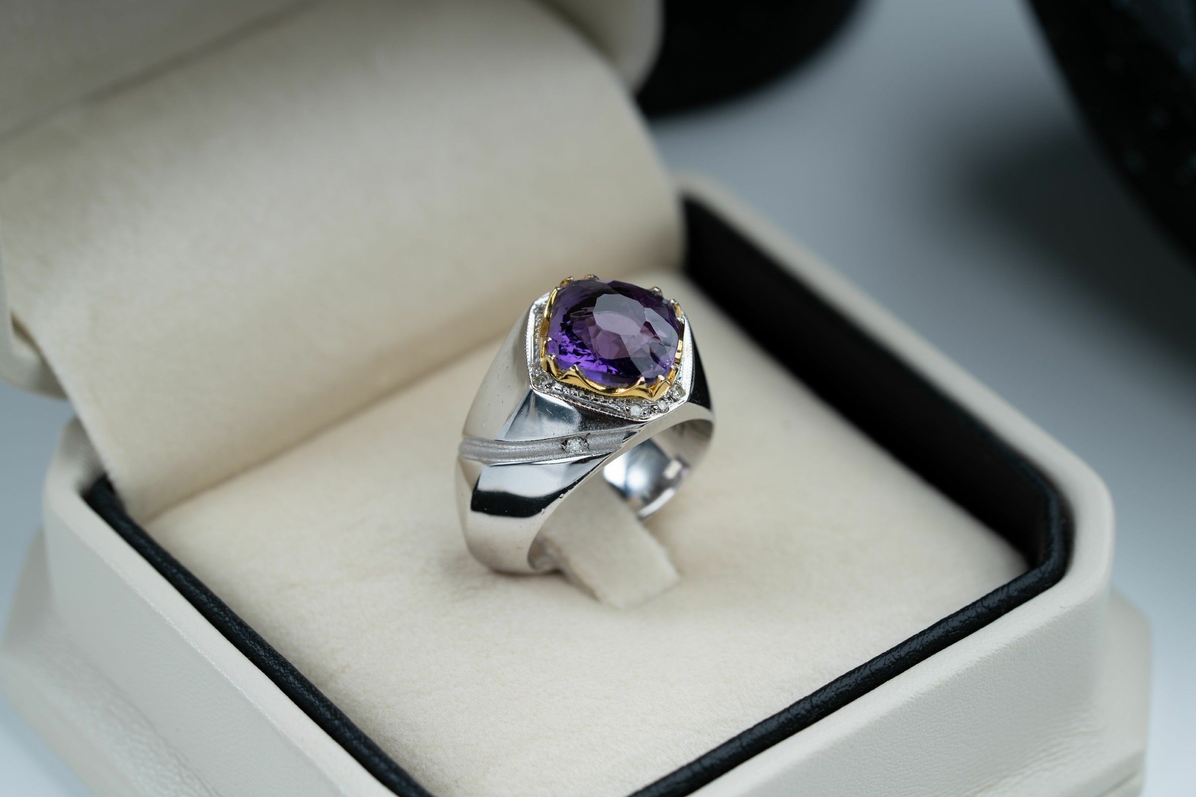 خاتم فضة صياغة يدوية بالكامل بحجر الجمشت المميز وترصيع الماس - تشكيلة الرجال, خواتم رجالية, جمشت