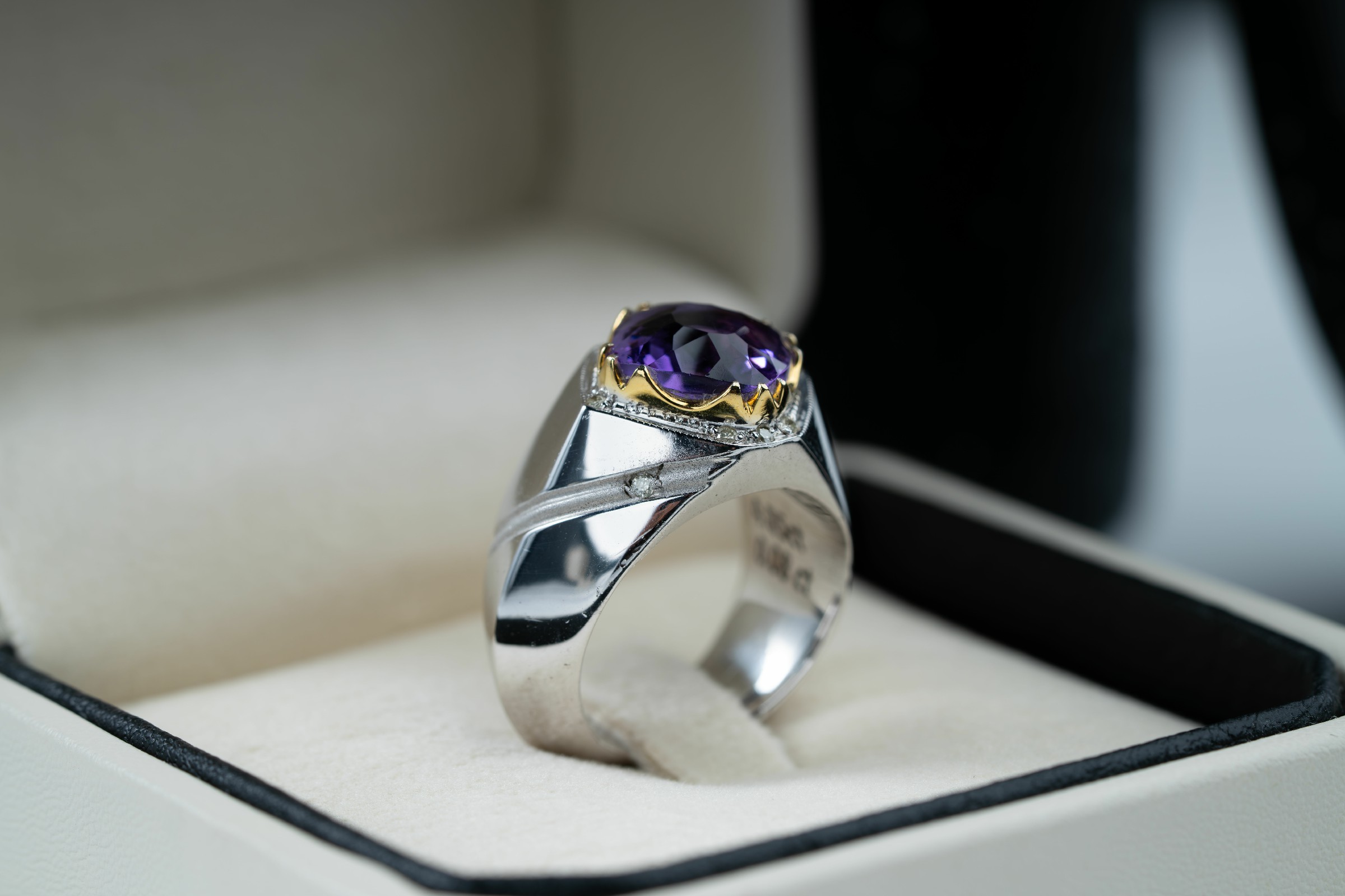 خاتم فضة صياغة يدوية بالكامل بحجر الجمشت المميز وترصيع الماس - تشكيلة الرجال, خواتم رجالية, جمشت