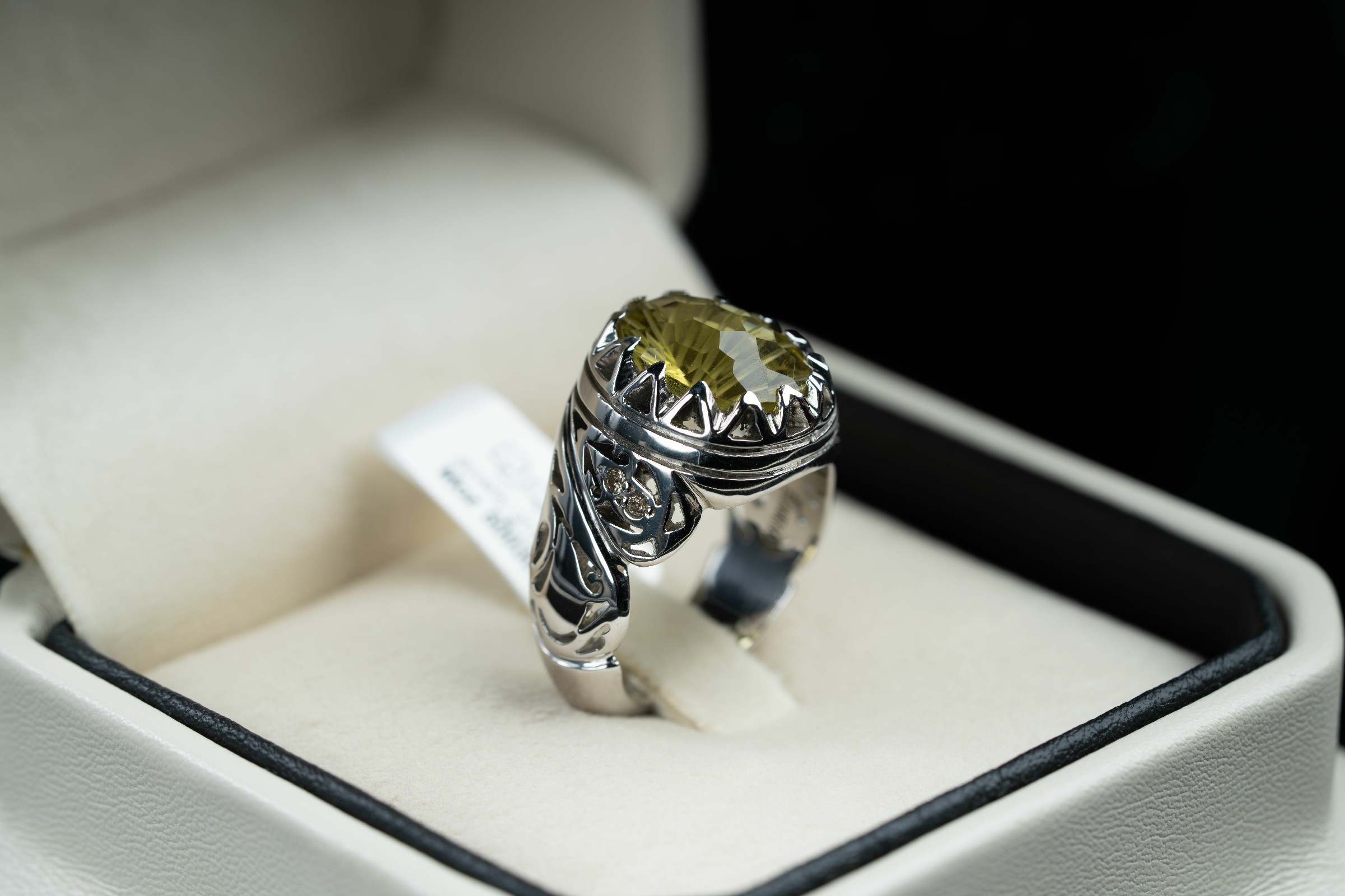 خاتم فضة صياغة يدوية بحجر الكوارتز الليموني مرصع بالالماس - تشكيلة الرجال, خواتم رجالية, سترين